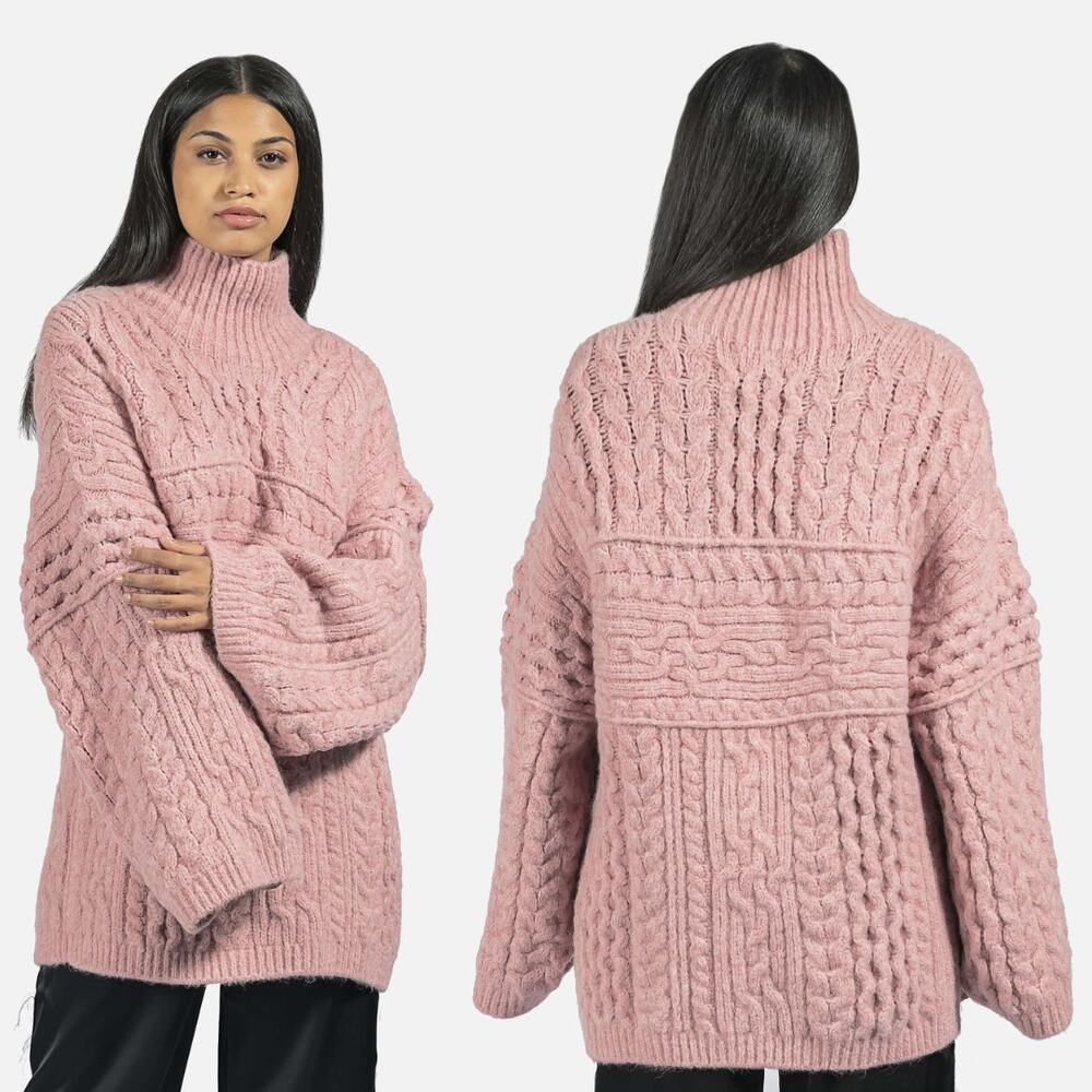 Nanushka Raw Cable-Knit Chunky Oversized Turtleneck Sweater in Pink